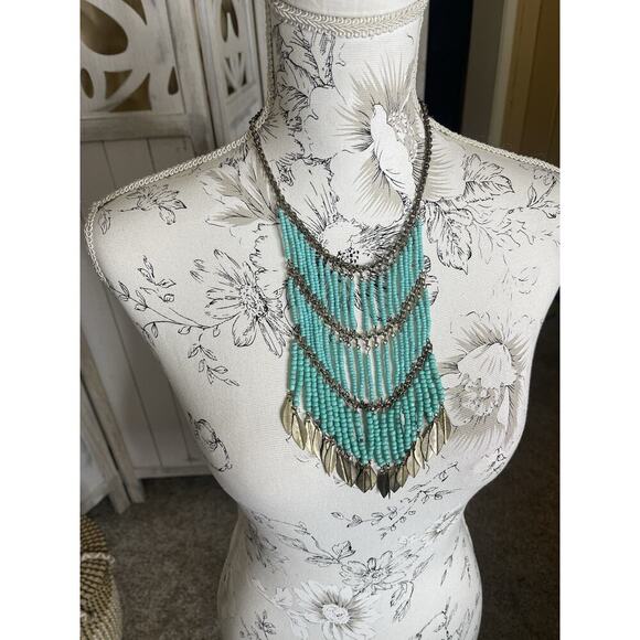 BCBG MAXAZRIA Gold Silver & Cube Beads Turquoise Seed Leaf Fringe Necklace - Picture 1 of 3